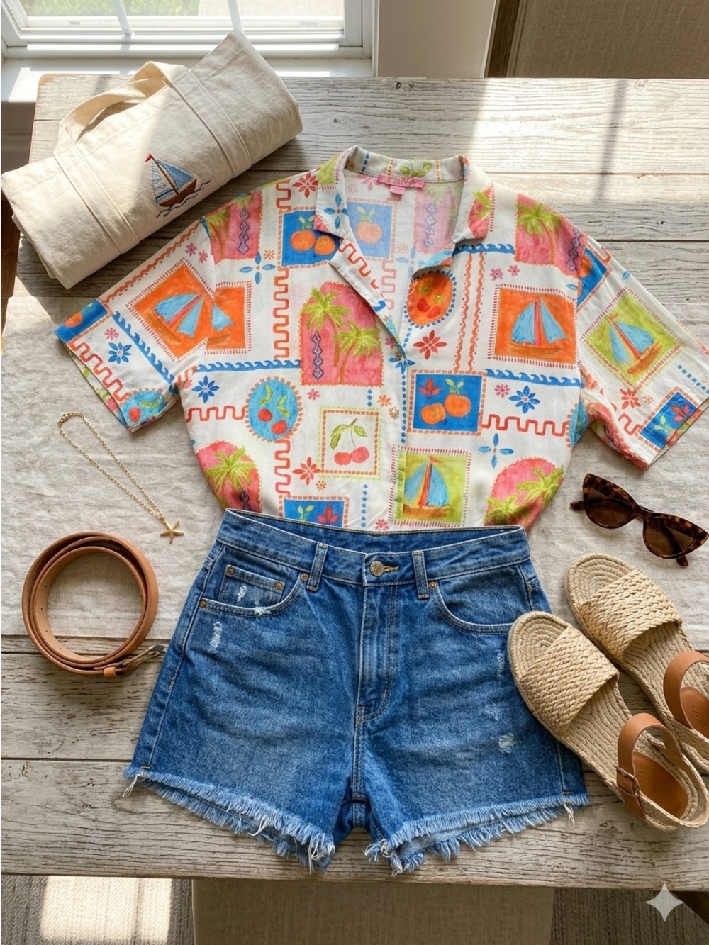 Rose & Olive Multicolor Tropical Print Short Sleeve Button-Up